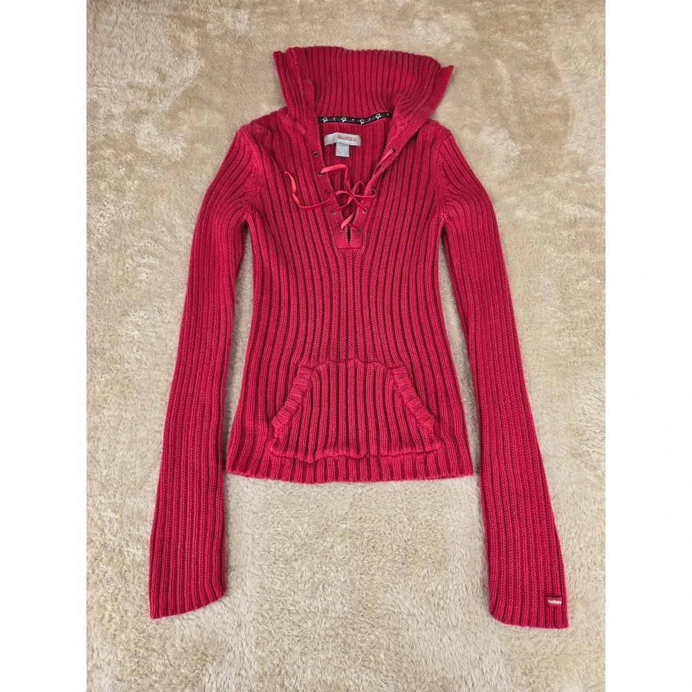 VTG‎ Hollister Co Red Ribbed Lace Up V-Neck Sweater Oversized Collar Womens Med